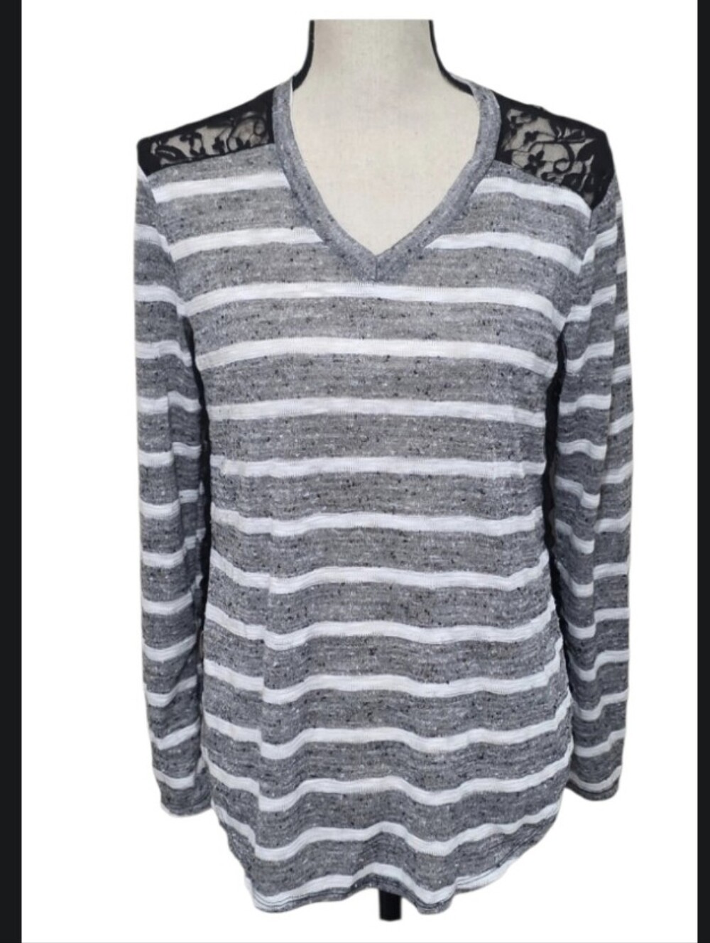 No Boundaries Gray and White Striped V-Neck Top with Black Lace Sheer Back